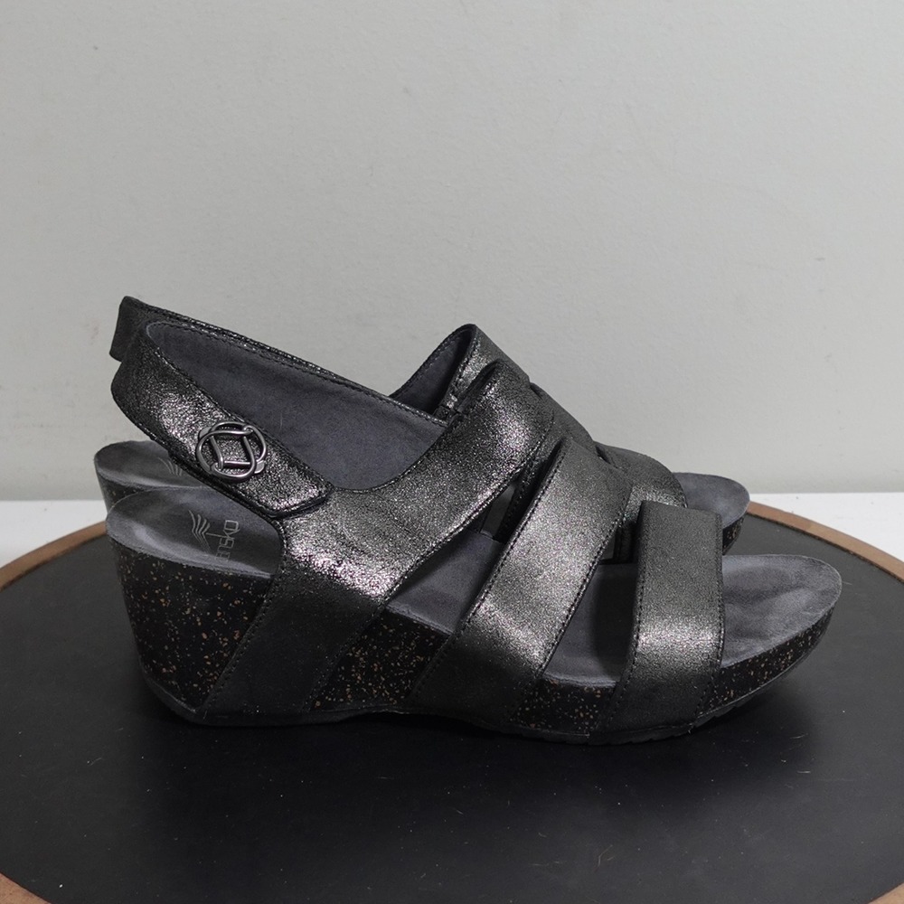 Dansko‎ Brandi Wedge Sandals Women 38 7.5-8 Metallic Black Leather Comfort Dress